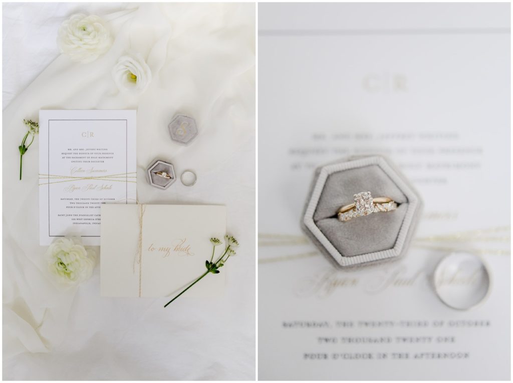 deatiled photos of wedding invitations, flower pieces, and wedding rings.