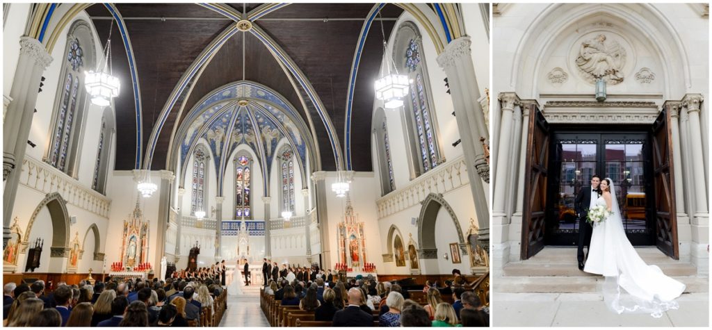two photos of the bride and groom at St. John Evangelist Catholic Church in indianapolis where they held their wedding ceremony