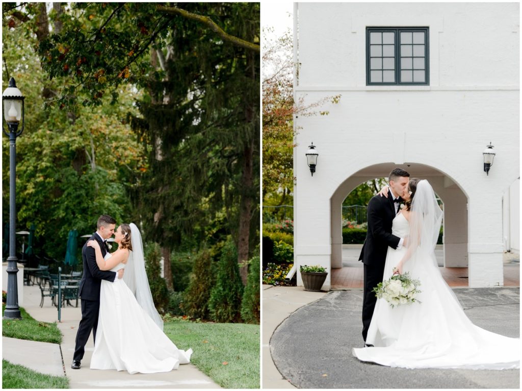 two seperate photos of the bride and groom embracing each other on the grounds of the wood stock country club