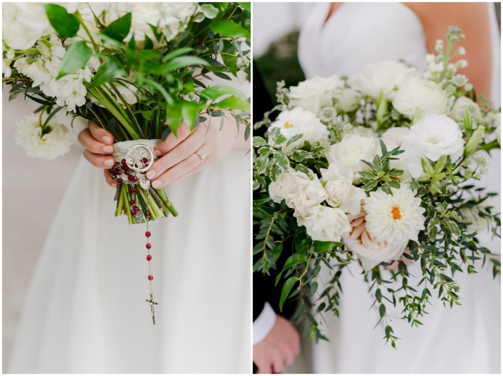 bouquet details for this bride included white floral and fresh greenery and a family heirloom attached.
