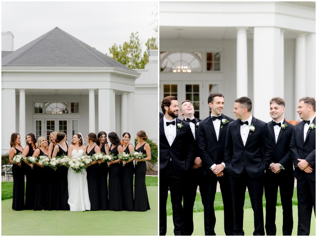 the bride and her bridesmaids and the groom and his groomsmen take seperate photos on the lawn in front of the woodstock country club in indianapolis