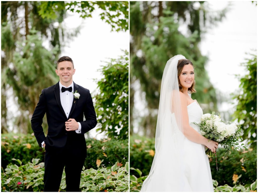 seperate portraits of the bride and groom. The groom ina black tuxedo and the bride in a white wedding dress holding her bouquet.