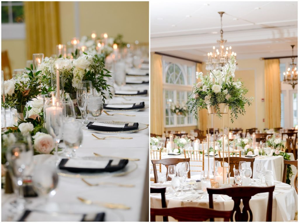 two photos of the wedding reception decorations inside the woodstock country club. The decor included white table linen, flower centerpieces that ran along the center of the tables and were elevated on tall floral holders. The silverware was gold with clear chargers and black napkins. 