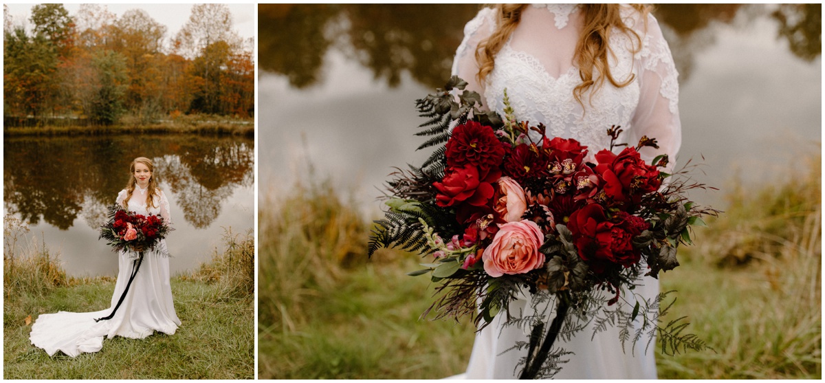 two photos of the bride in a long white dress holding her red floral bouquet outside in front of a pond with fall trees and grasses behind her