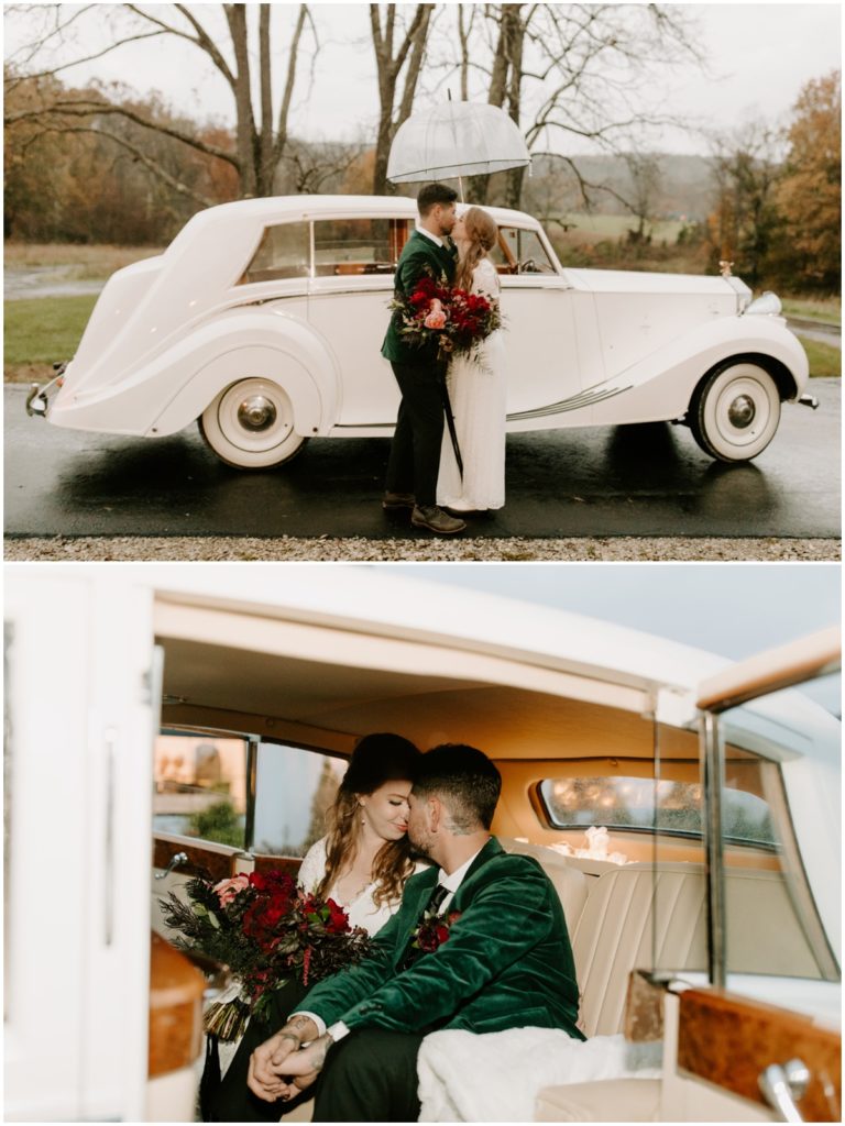 the bride and groom exit in a white vintage car on the driveway of the wilds wedding venue