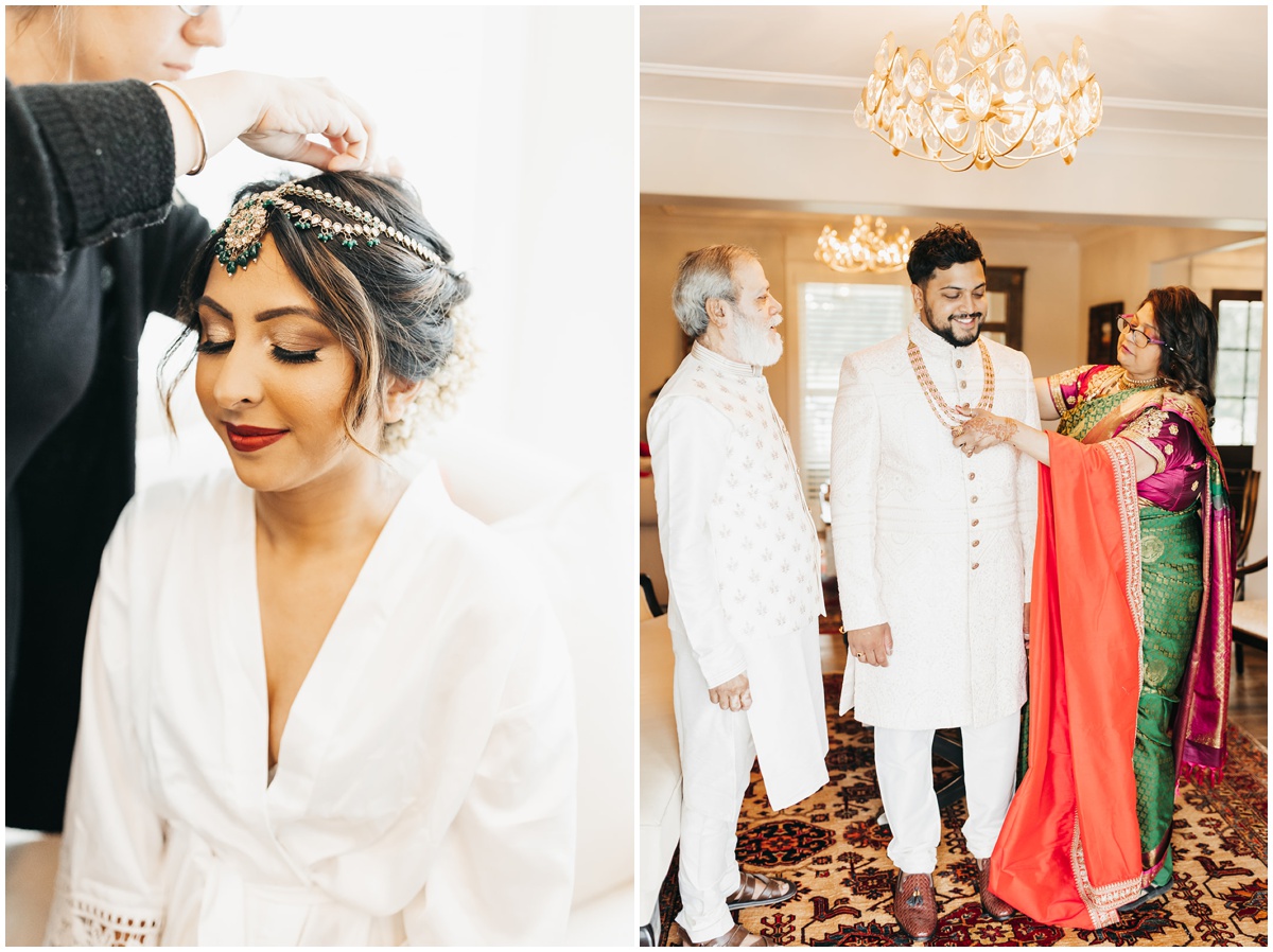 A traditional head piece is placed on the bride over her hair while th groom's parents place a traditional indian necklace on the groom