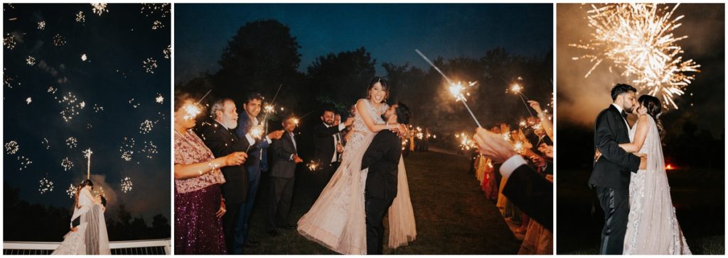 An after dark fireworks show and sparkler exit from hazelnut farm for the bride and groom
