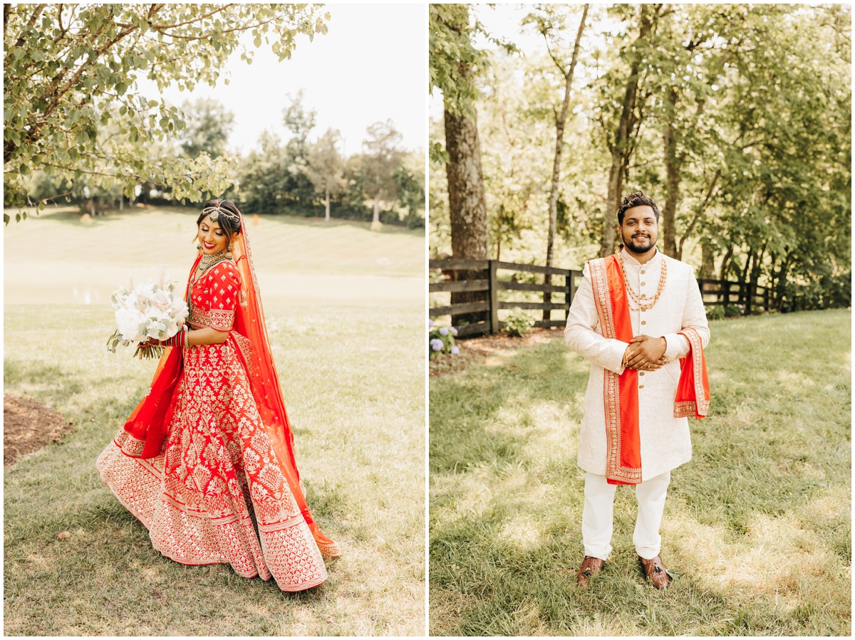 Portraits of the bride in her red indiana wedding dress holding her bridal bouquet and the groom wearing traditional indian groom's attire on the lawn of Hazelnut farm