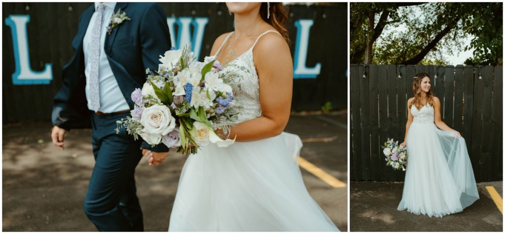 Close up of the bridal bouquet as the bride and groom hold hands and walk together and the bride by herself holding her bouquet in the Biltwell event center parking lot 