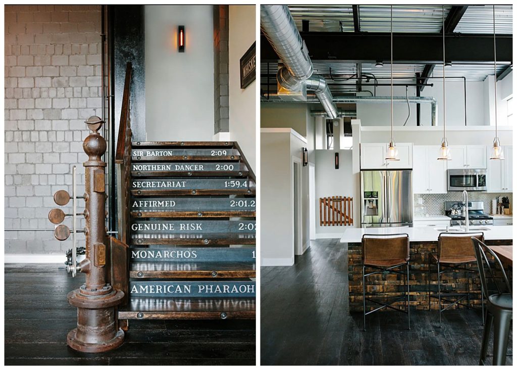 Rustic anqitue staircase and modern kitchen in an airbnb in lexington ky 