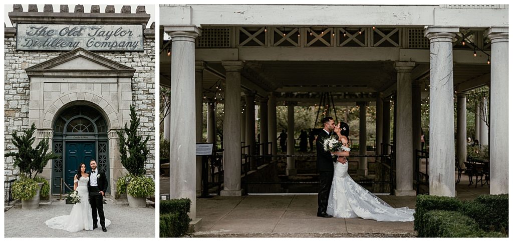 Bride and groom in front of the. main doors and inside the historic outdoor still at Castle and Key Distillery