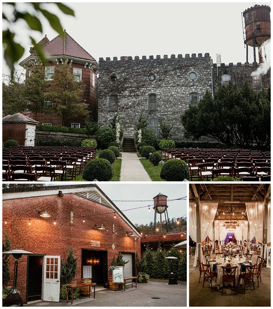 Outdoor wedding ceremony location on property, as well as the entrance through a brick building to get to the reception space 