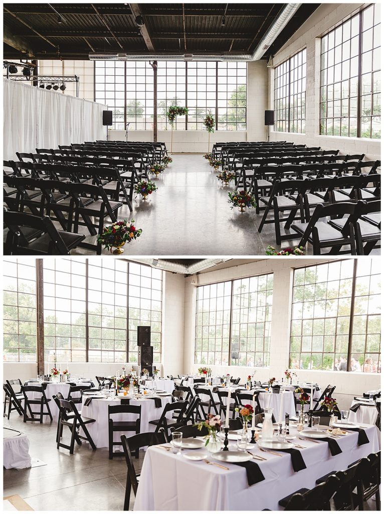 Wedding ceremony location inside the Clerestory with large industrial windows, black chairs, a ceremony arch and flowers lining the aisle