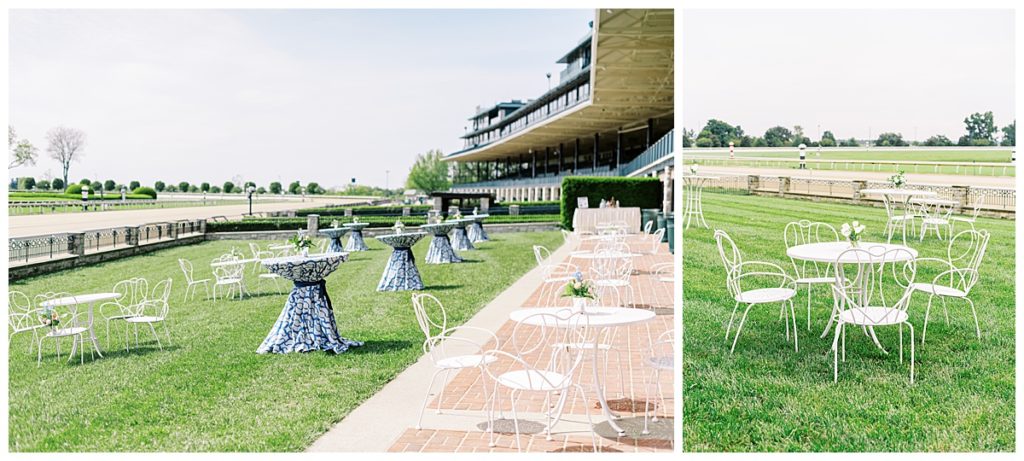 Outdoor cocktail hour location with white tables and chairs and cocktail tables with blue linen on the Keeneland lawn next to the racetrack