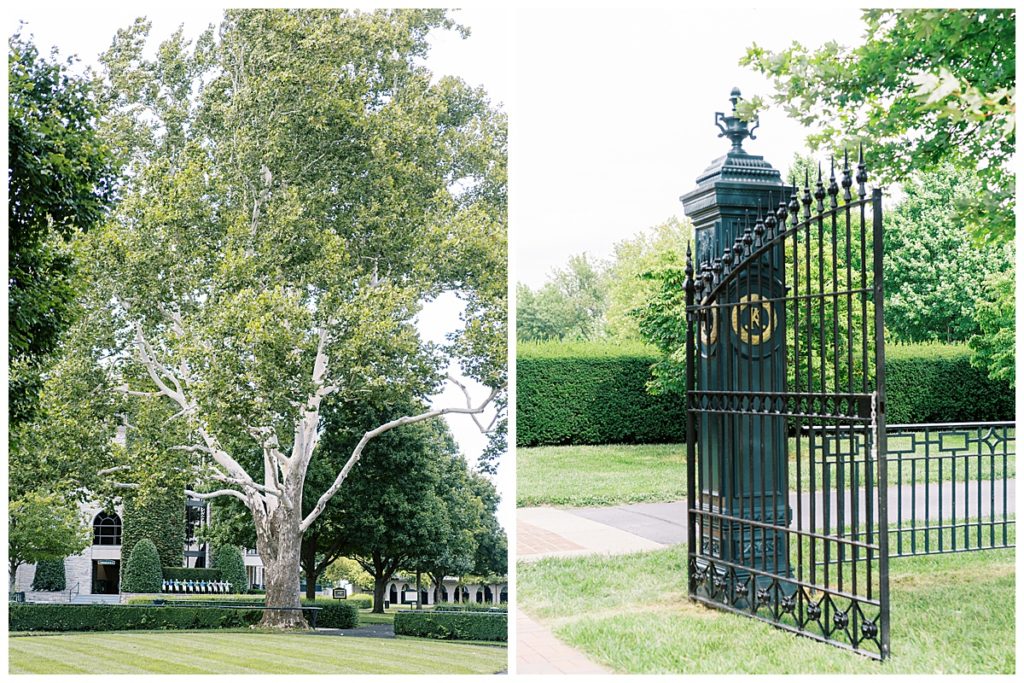 Property features like large trees and iconic iron gate at the Keeneland Lexington KY wedding venue