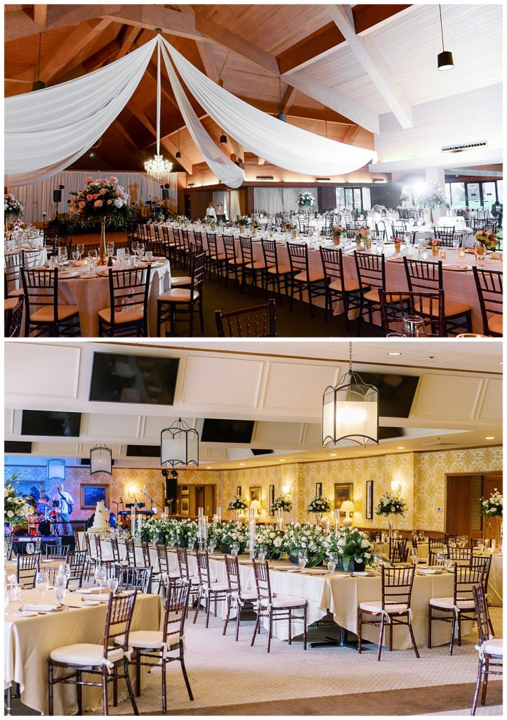 Indoor reception spaces decorated with beautiful tables, lighting and draping inside the Lexington wedding venue: Keeneland 