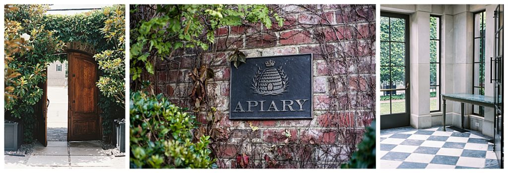 The Apiary wedding venue iron sign on their brick building and their venue features like a wood garden door and glass atrium