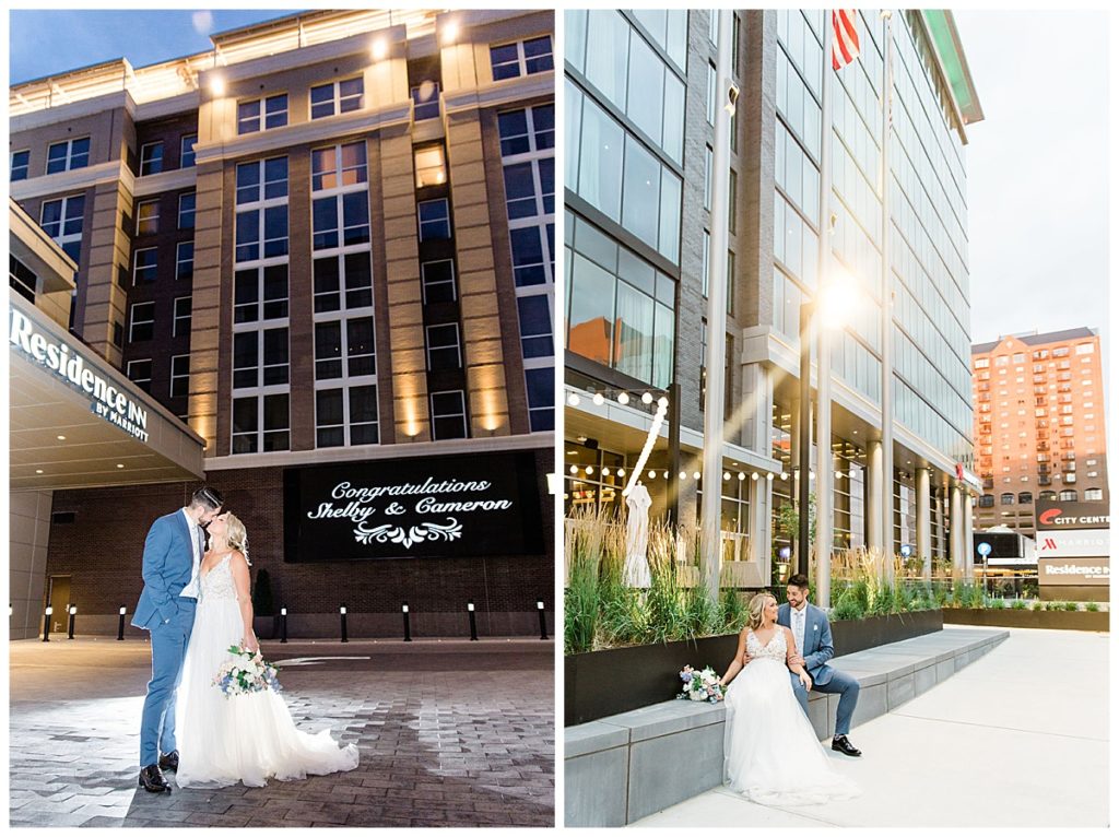 Bride and groom in front of the Marriott Lexington City Center building in downtown Lexington
