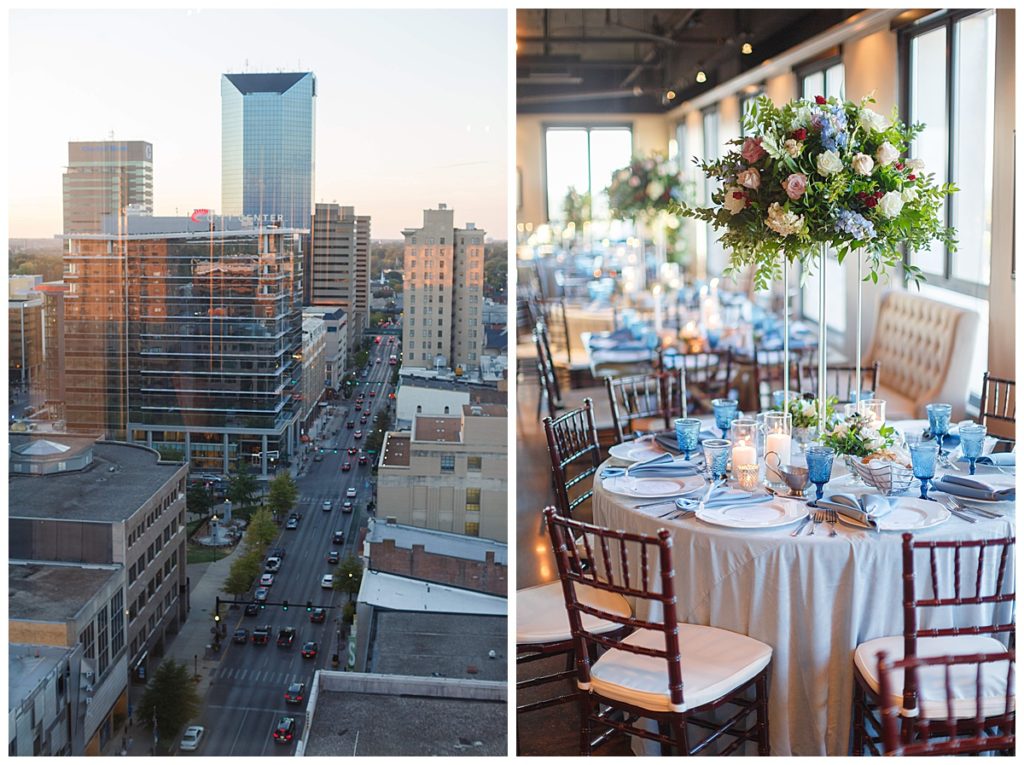 Birds eye view of downtown Lexington KY and the inside reception space at Mane on Main with decorated tables and flowers