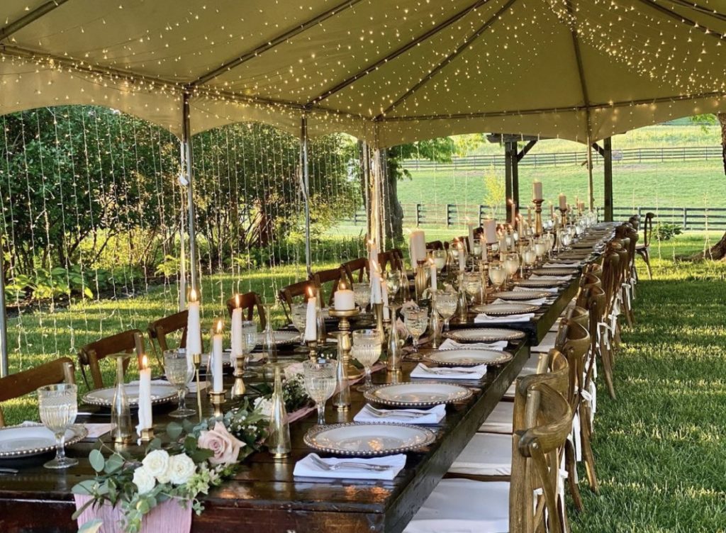 Outdoor reception table on green grass with a white tent and twinkle lights above. Dark wooden kings table with wooden cross back chairs tall candlesticks place settings at each seat and flowers down the center of the table. 