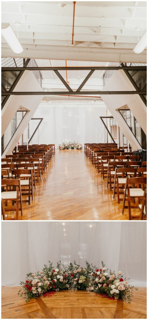 The Pointe Wedding Ceremony with wood chairs and flowers
