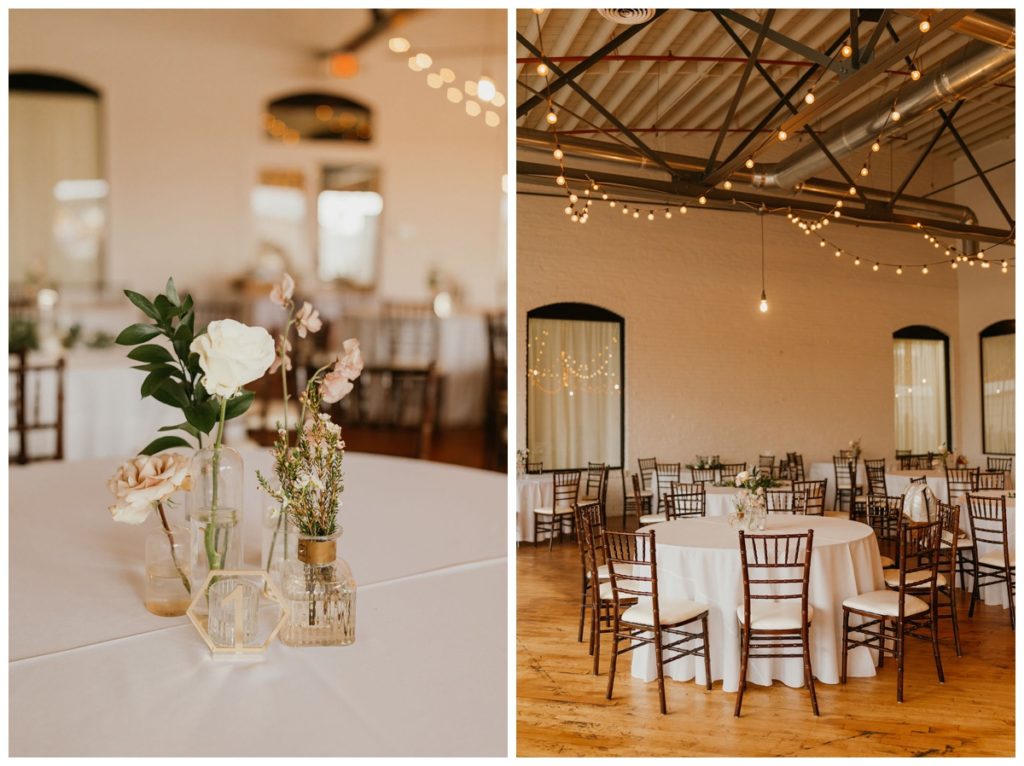 The Pointe Wedding Venue reception space decorated with twinkle lights and flowers
