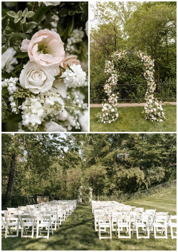 Romantic wedding decor with white and light pink flowers for decor at the outside wedding ceremony