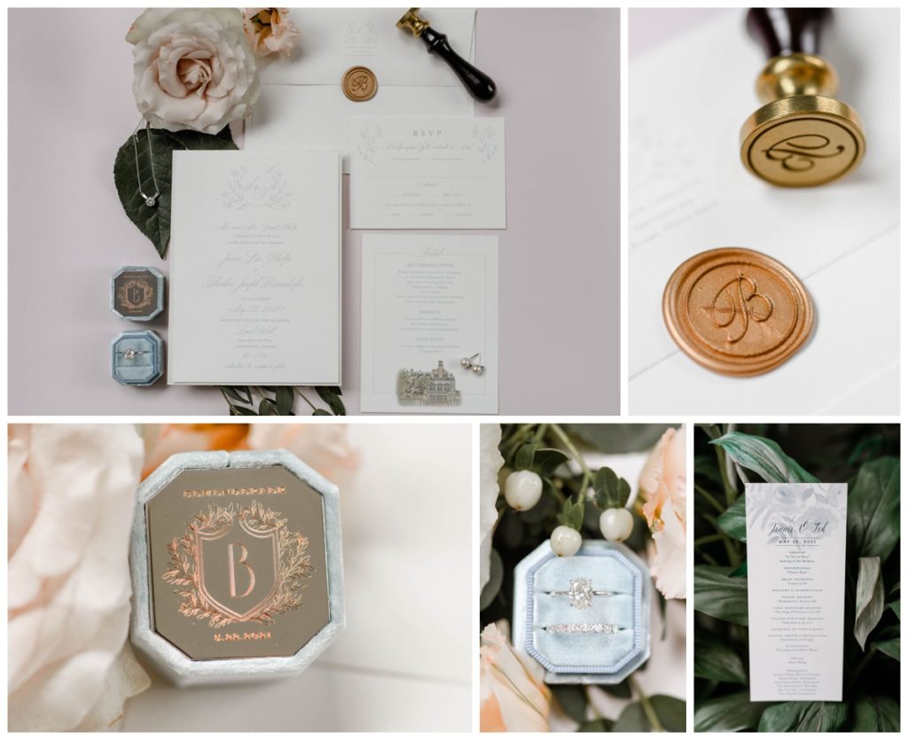 Romantic wedding details with a soft blush, light blue, gold and green color palette 
