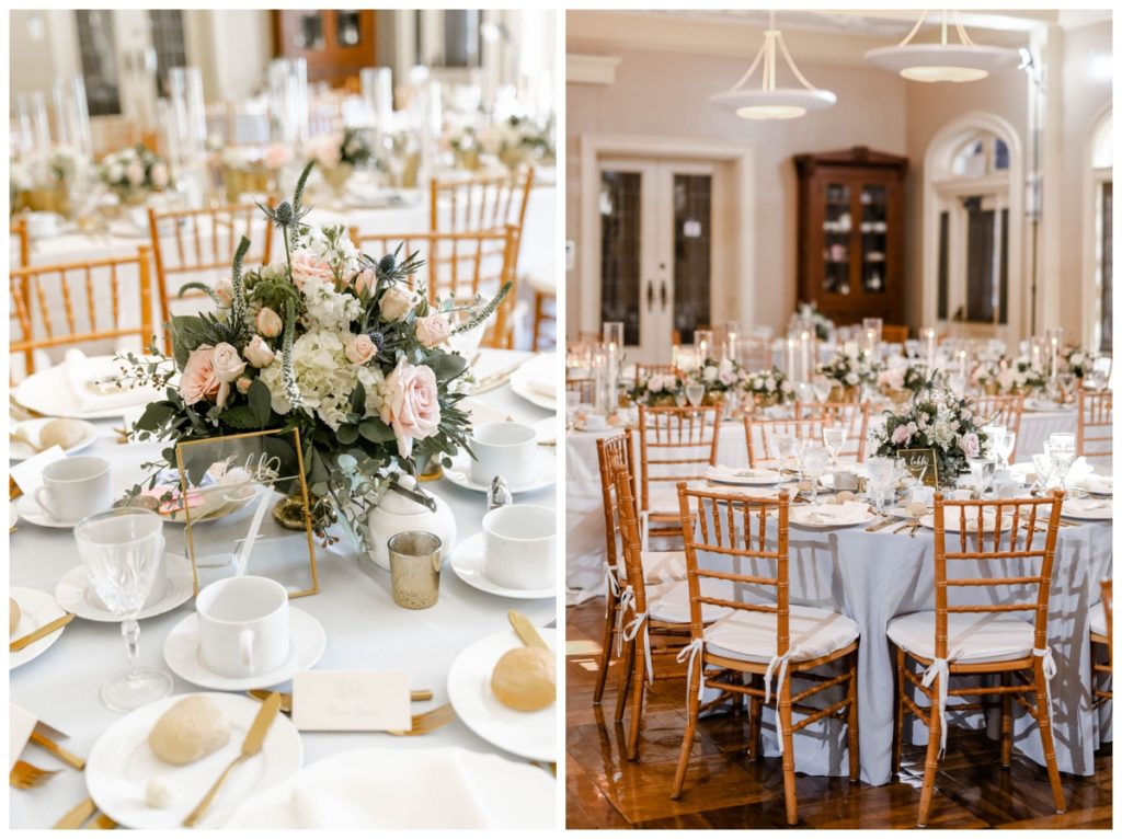 Romantic wedding decorations with a soft color palette for the wedding reception inside Laurel Hall