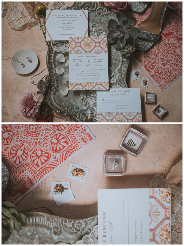 Festive wedding invitations with small details like jewelry, sparkly heels, flowers and stamps. 