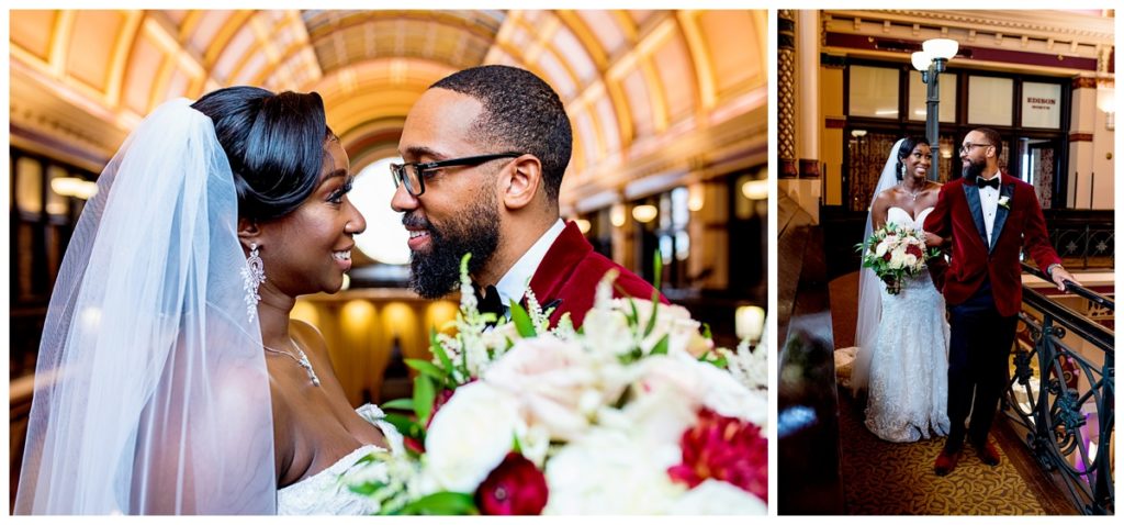 bride-and-groom-smile-at-each-other-in-Union-Station
