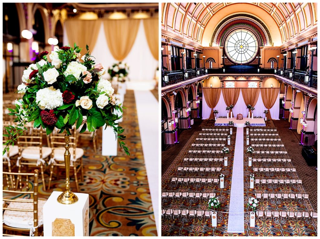 Indianapolis-Union-Station-Wedding-ceremony-white-red-green-and-gold-flowers-and-decorations