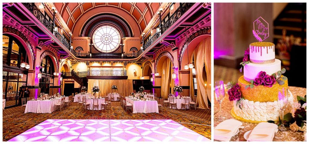Wedding-reception-dance-floor-reception-tables-and-a-gold-and-white-wedding-cake