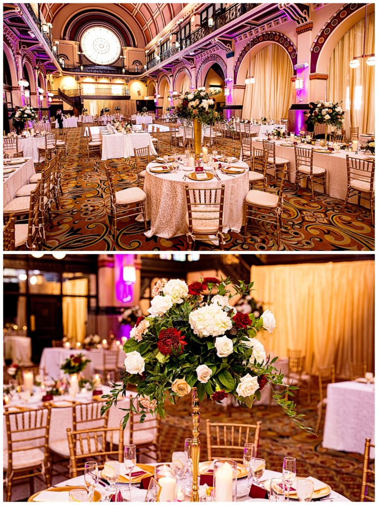 Wedding-reception-decor-with-white-linen-gold-accents-and-tall-floral-centerpieces-inside-union-station