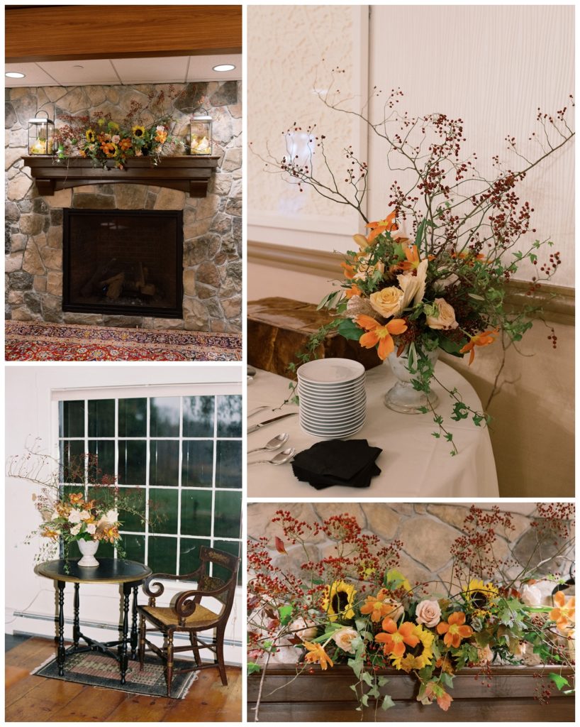 Fall foliage and flowers used as decor arrangements at this autumn wedding reception at labelle winery