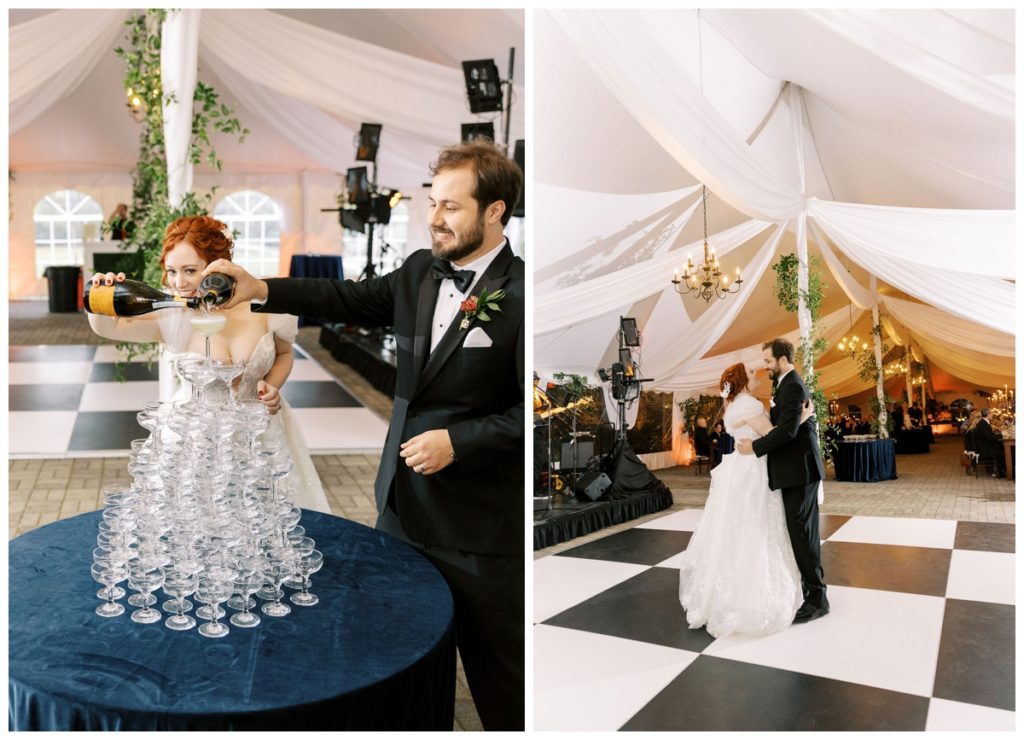 a-tented-reception-with-black-and-white-dancefloor-and-champagne-tower-atwhitehall-wedding-venue