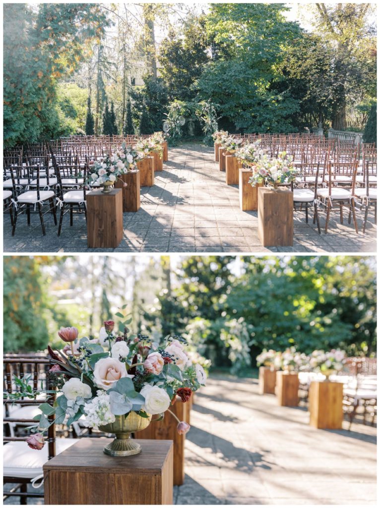 ceremony-set-up-with-chiavari-chairs-bouquets-lining-the-aidle-and-large-lush-arch-in-the-whitehall-wedding-venue-garden
