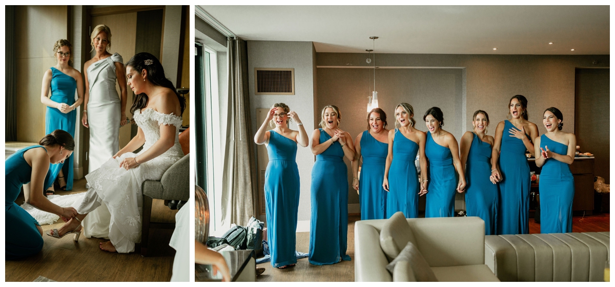 bride getting ready with her bridesmaids in a hotel room