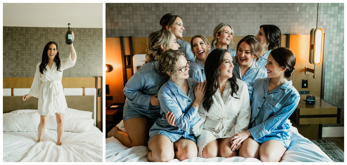 bride and her bridesmaids in hotel room