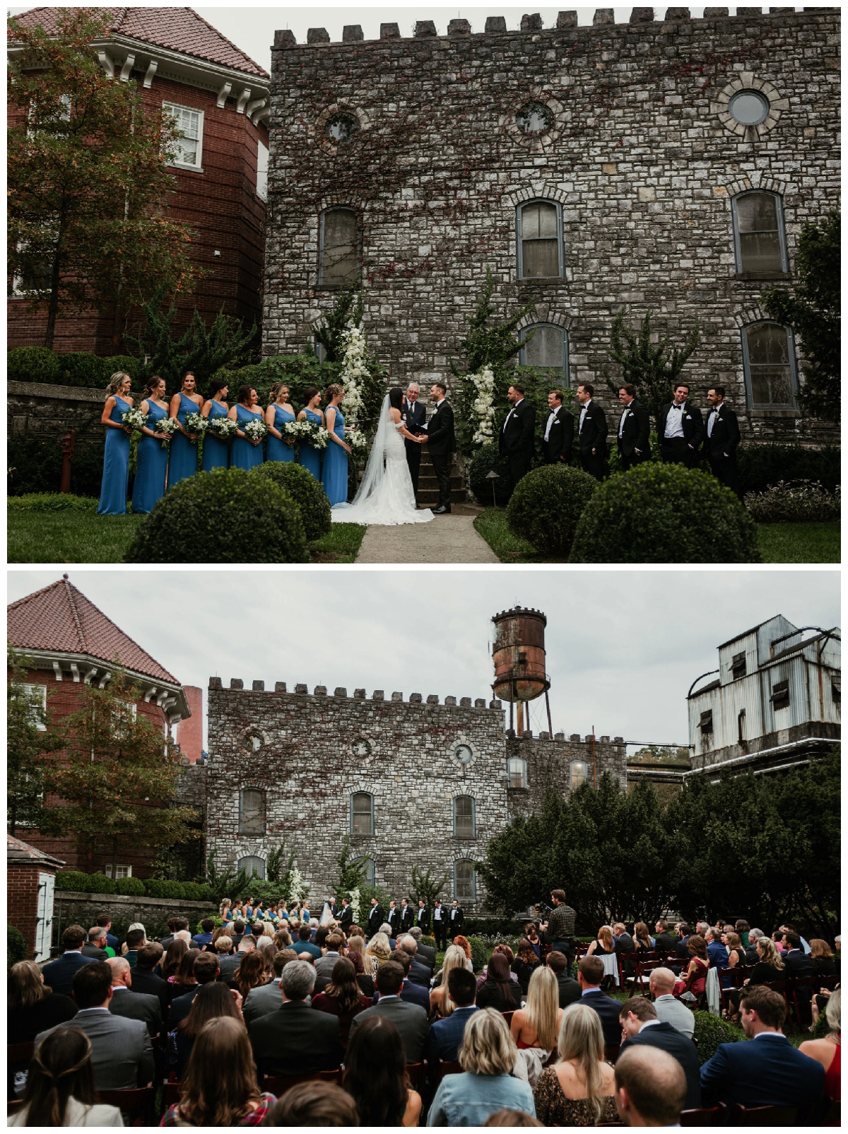 castle and key distillery wedding ceremony with bride and groom and the wedding party outside