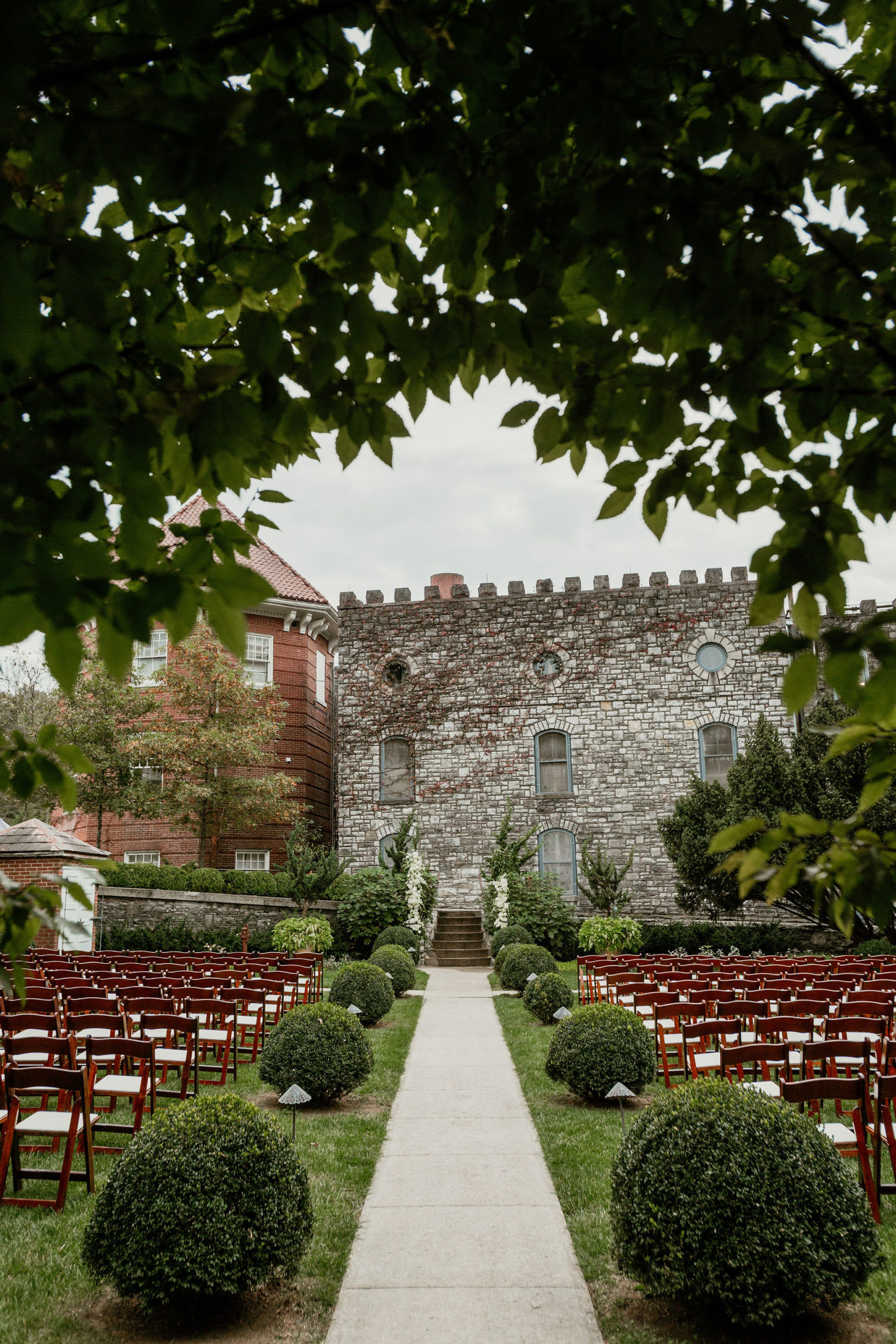 castle and key distillery wedding ceremony set up outside on the lawn