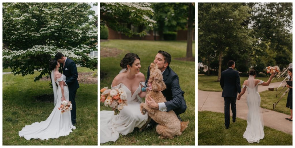 bride and groom take photos with their dog around the lakeside resort property where they had their wedding 