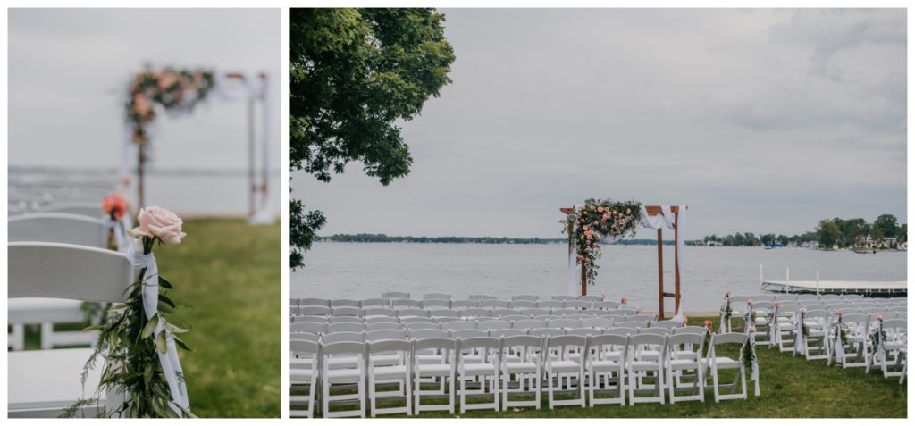 lake wedding ceremony set up on a cloudy day during the summer 
