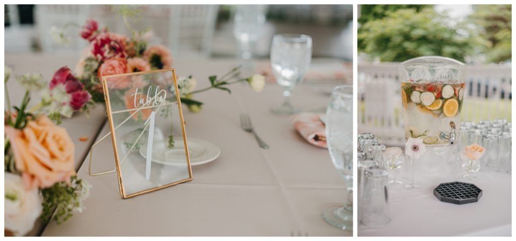 wedding reception details include gold framed table numbers and a flavored water station 