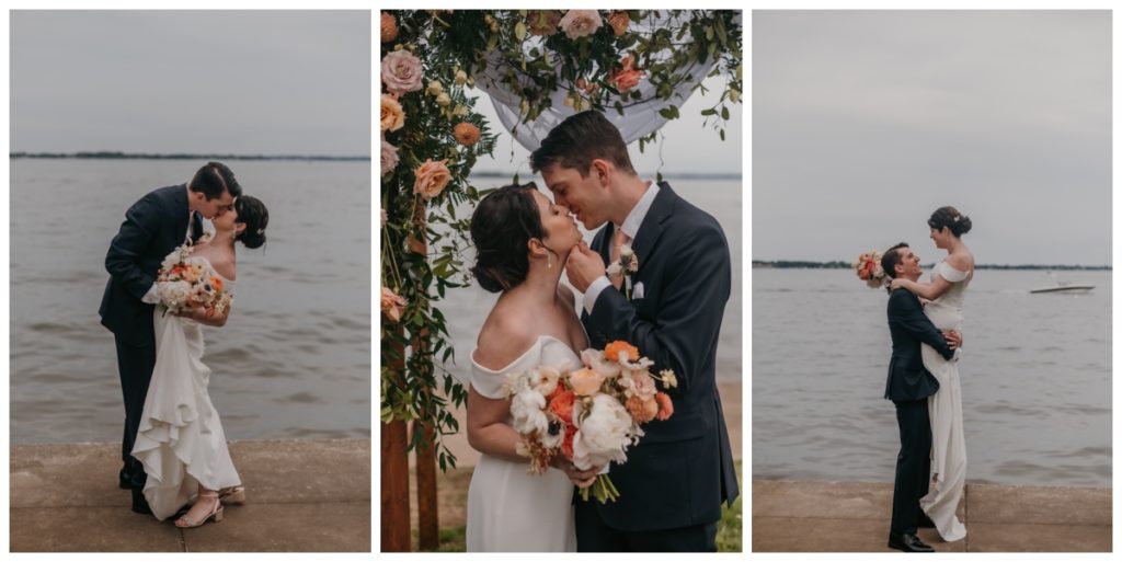 bride and groom take photos together on the edge of an Indiana lake 