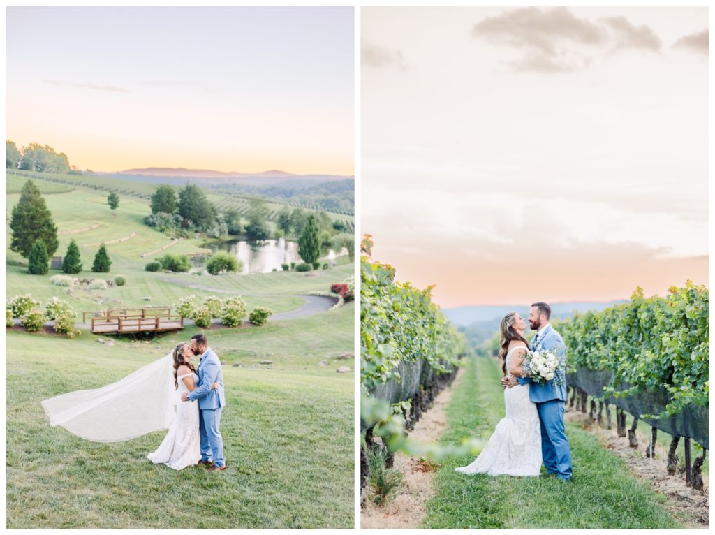 bride and groom portraits around the stone tower winery property at sunset 