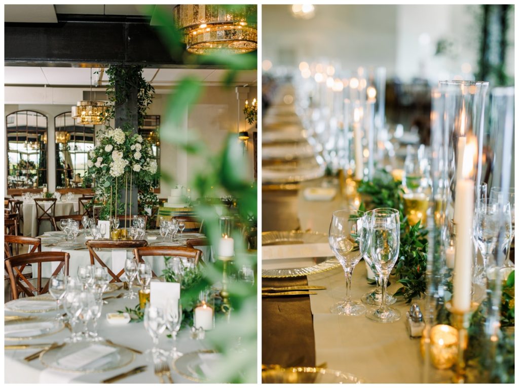 wedding reception table decorations like tall tapered candles, gold accents and greenery