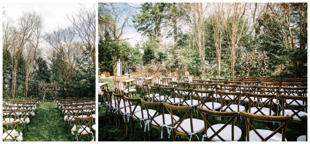 backyard wedding ceremony with wood chairs, white cushions and a large wedding flower arch at the center of the aisle