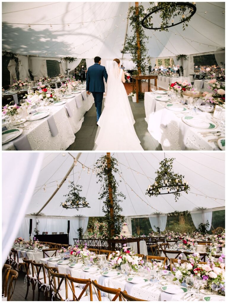 bride and groom walk into their wedding reception tent for the first time after all the decorations are set