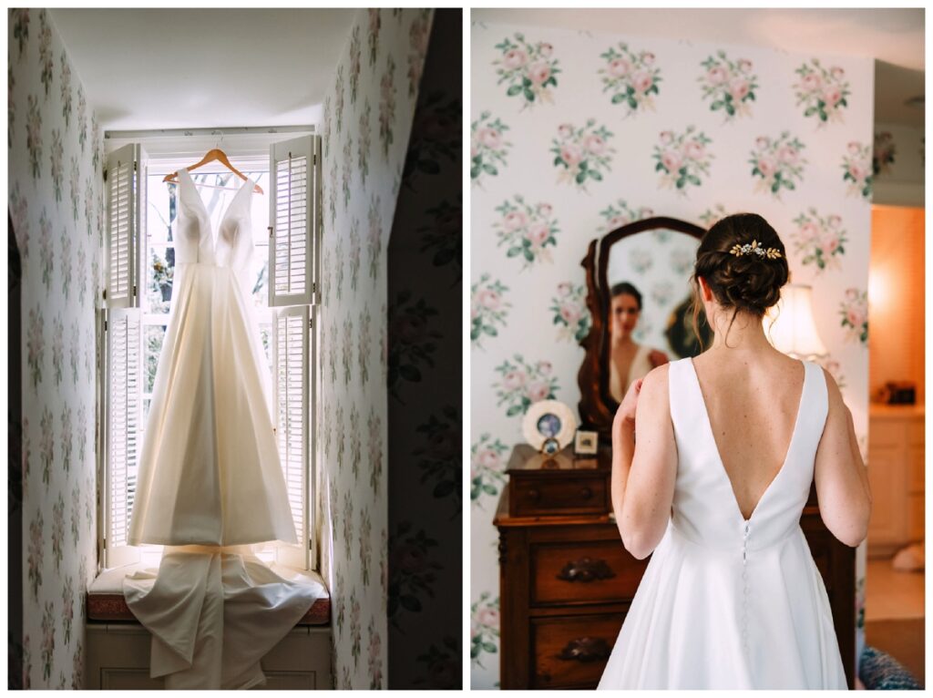 bride getting ready in her parent's home for her backyard wedding 